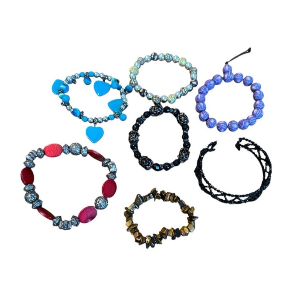 Unbranded Beaded Bracelet Mixed‎ Lot of 7 Glass Clay Stone Tiger Eye Stretch Vtg